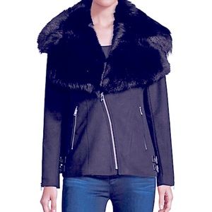 Wool moto jacket with shearing collar